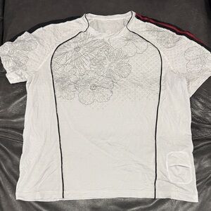 Lululemon White Floral T-Shirt with Red Stripe